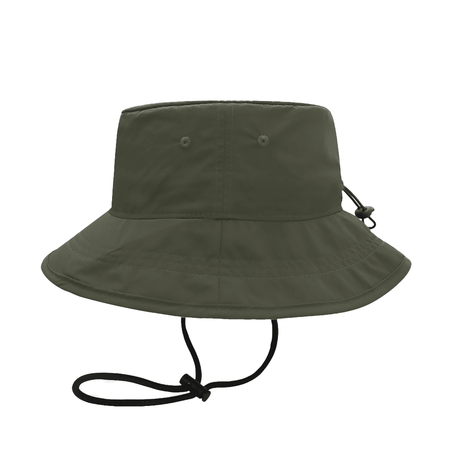 An olive green bucket hat with a wide brim and an adjustable chin strap, featuring a logo.