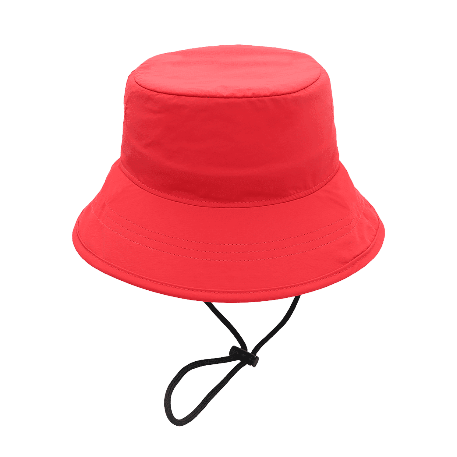 A red bucket hat with a wide brim and an adjustable chin strap, featuring a logo.