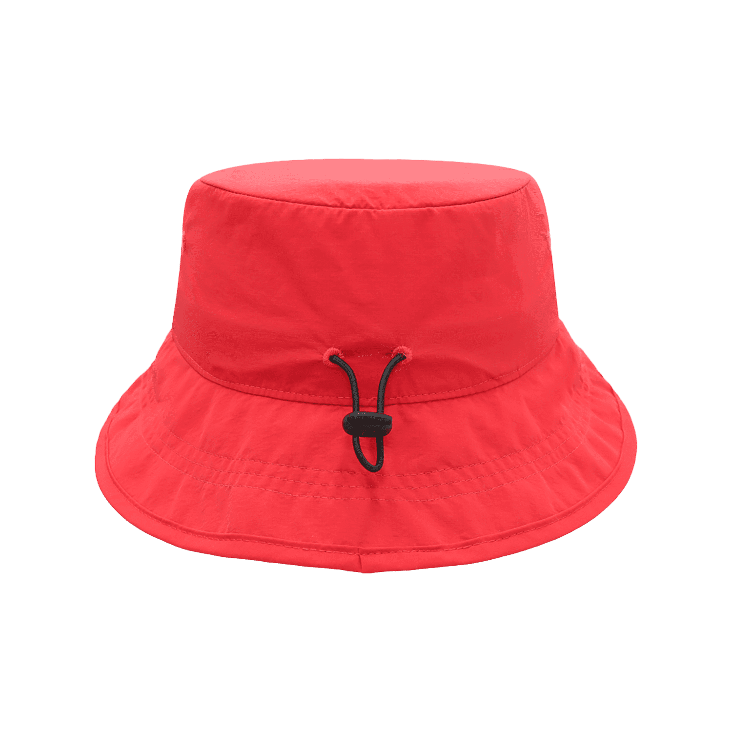 A vibrant red bucket hat featuring a chin strap and adjustable toggle. Includes a logo on the side.