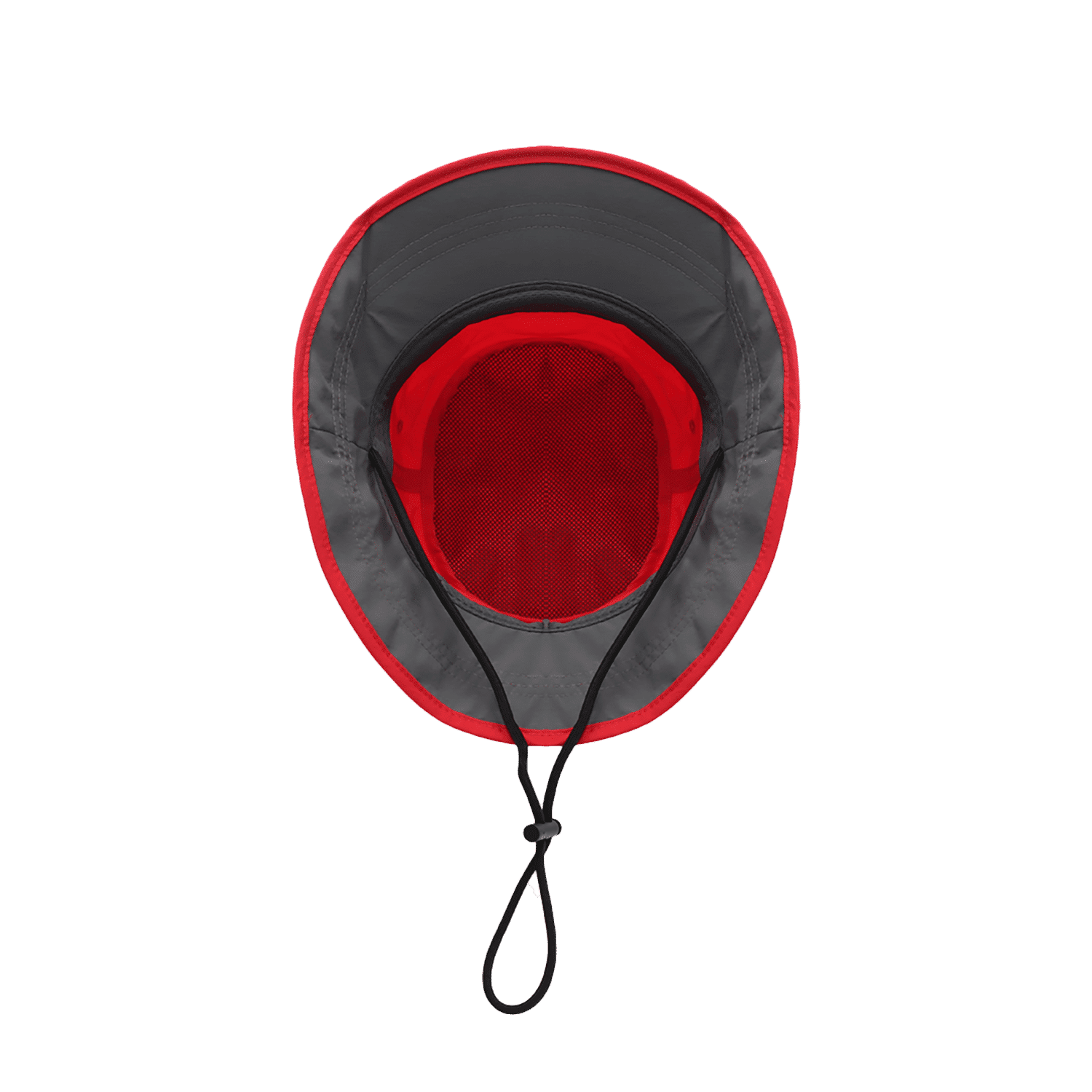 A red and grey surf bucket hat with a mesh interior and adjustable chin strap. It features a logo branding.