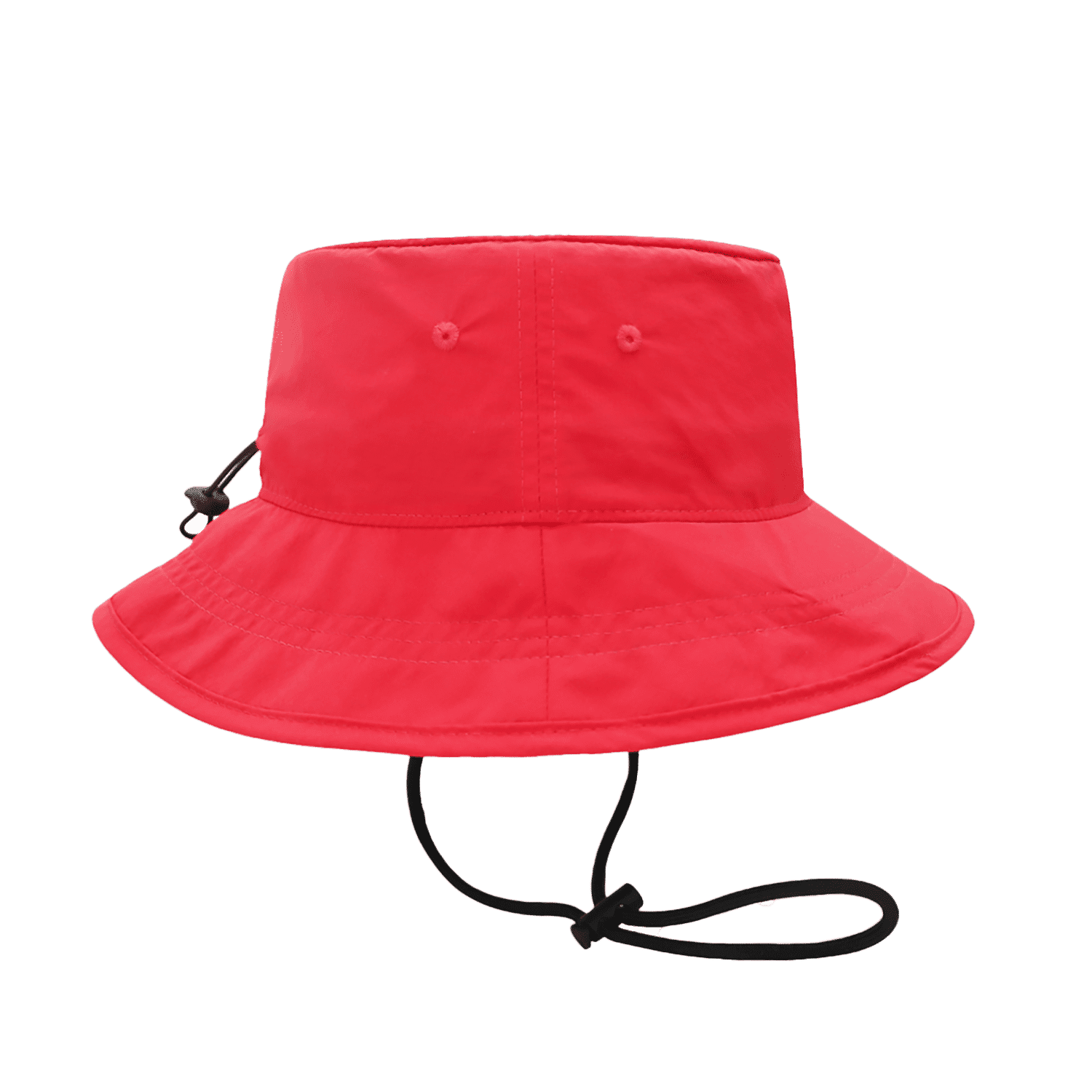 A red bucket hat featuring a wide brim and an adjustable chin strap, with a logo on the side.