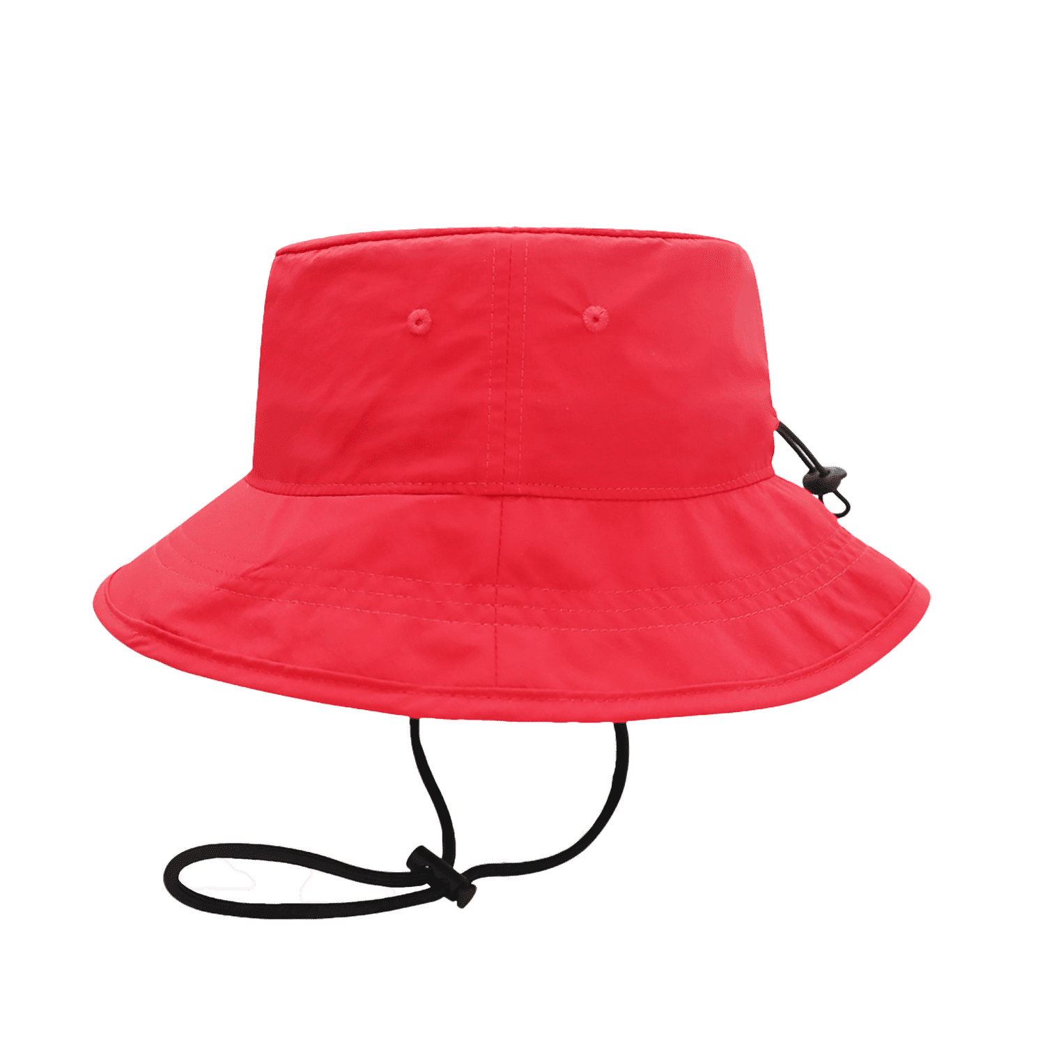 A red bucket hat with a wide brim, featuring a drawstring for adjustment and a logo on the side.