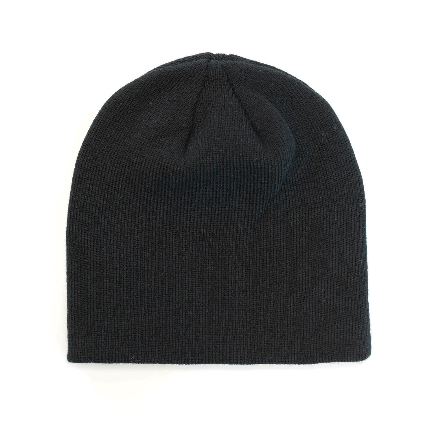 A black beanie with a fitted design, featuring a subtle logo on one side.