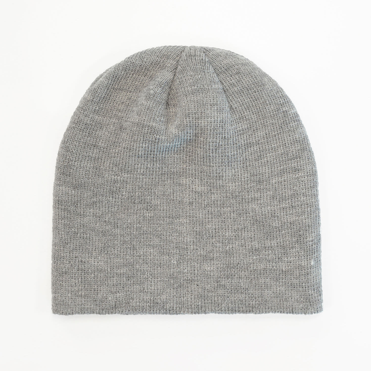 A grey beanie with a simple knit design and a rounded top. It features a logo on one side.