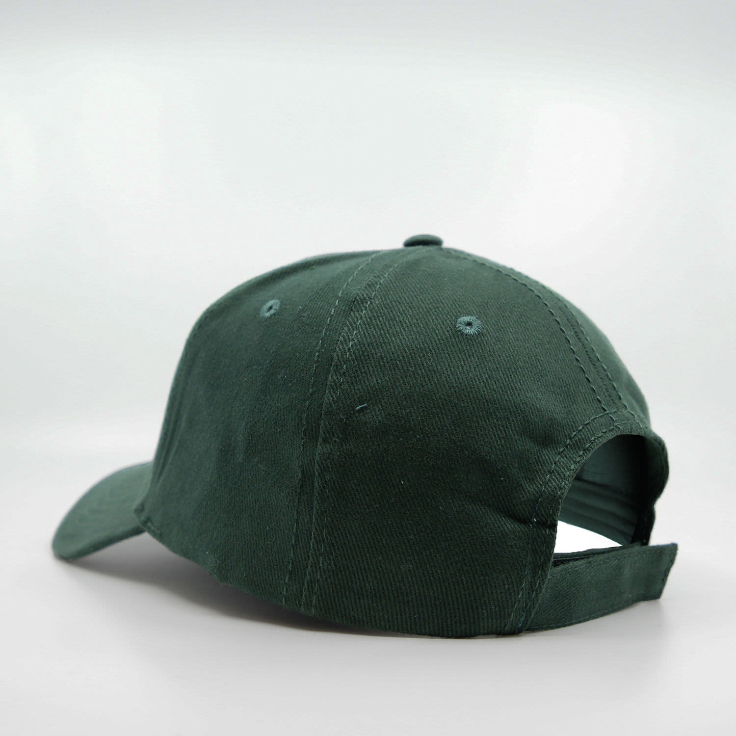 A green six-panel brushed cotton cap with a curved peak and adjustable strap at the back. It features a logo.