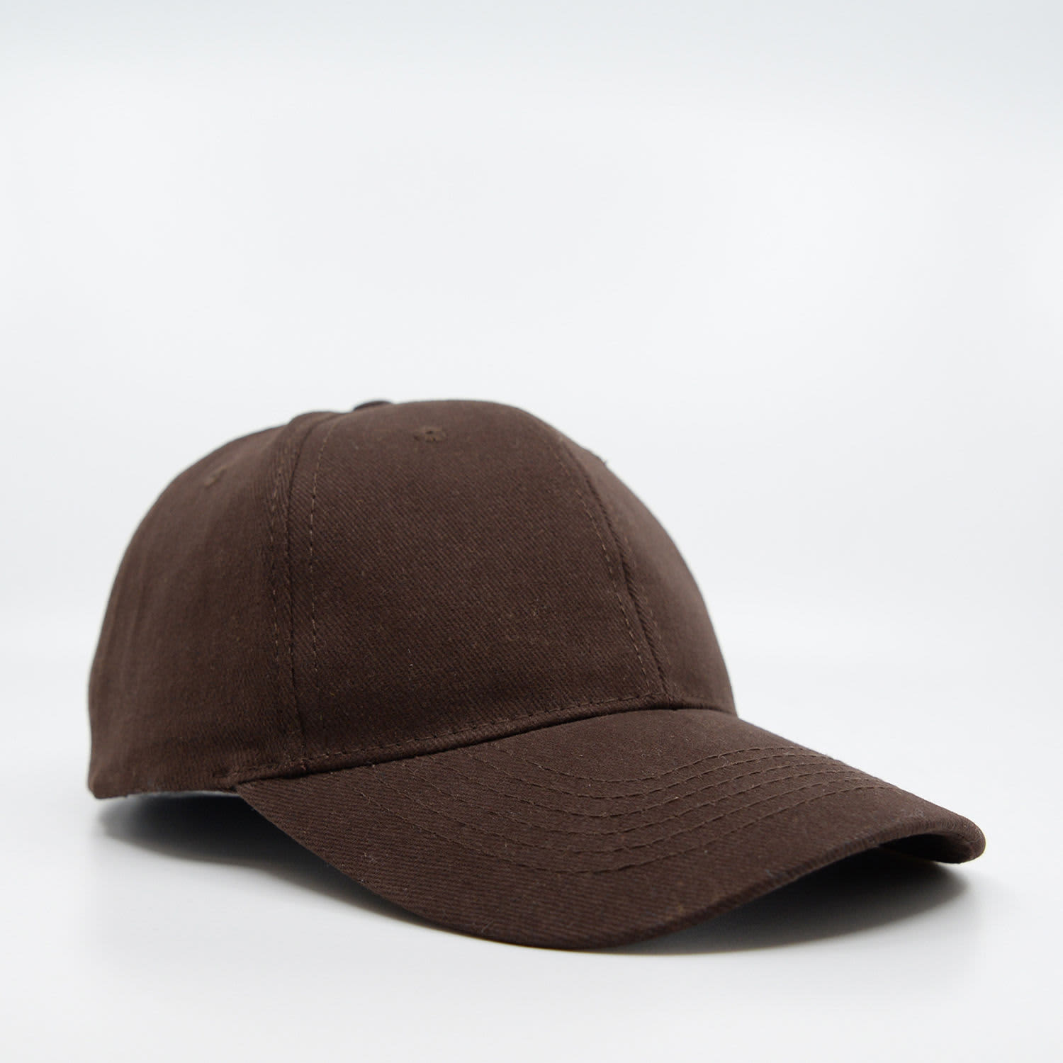 A brown 6-panel cap made of brushed cotton, featuring a curved peak and a logo.