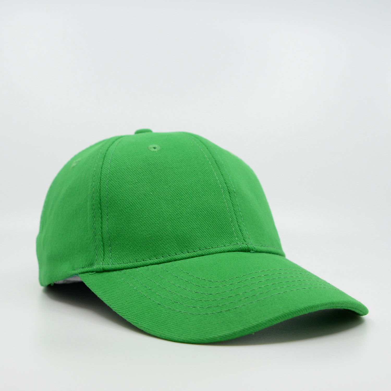 A green brushed cotton cap with a six-panel design and a curved brim, featuring a logo.