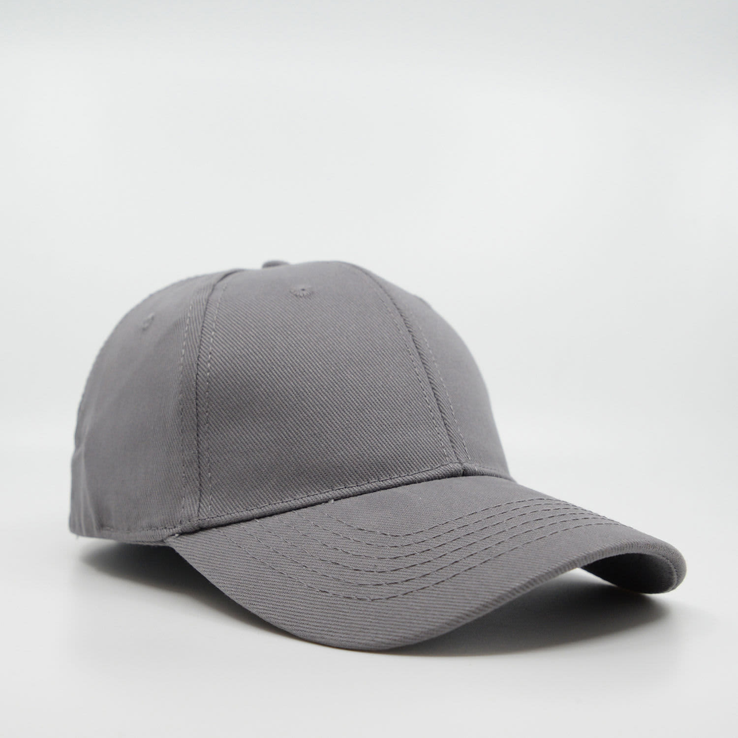 A grey six-panel brushed cotton cap with a curved brim and a logo on the front.
