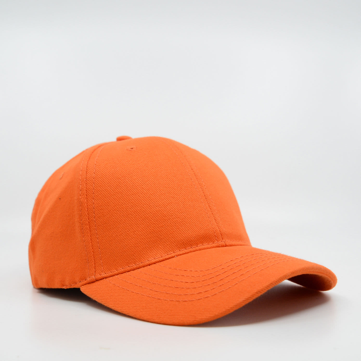 An orange six-panel brushed cotton cap with a curved brim and a logo on the front.
