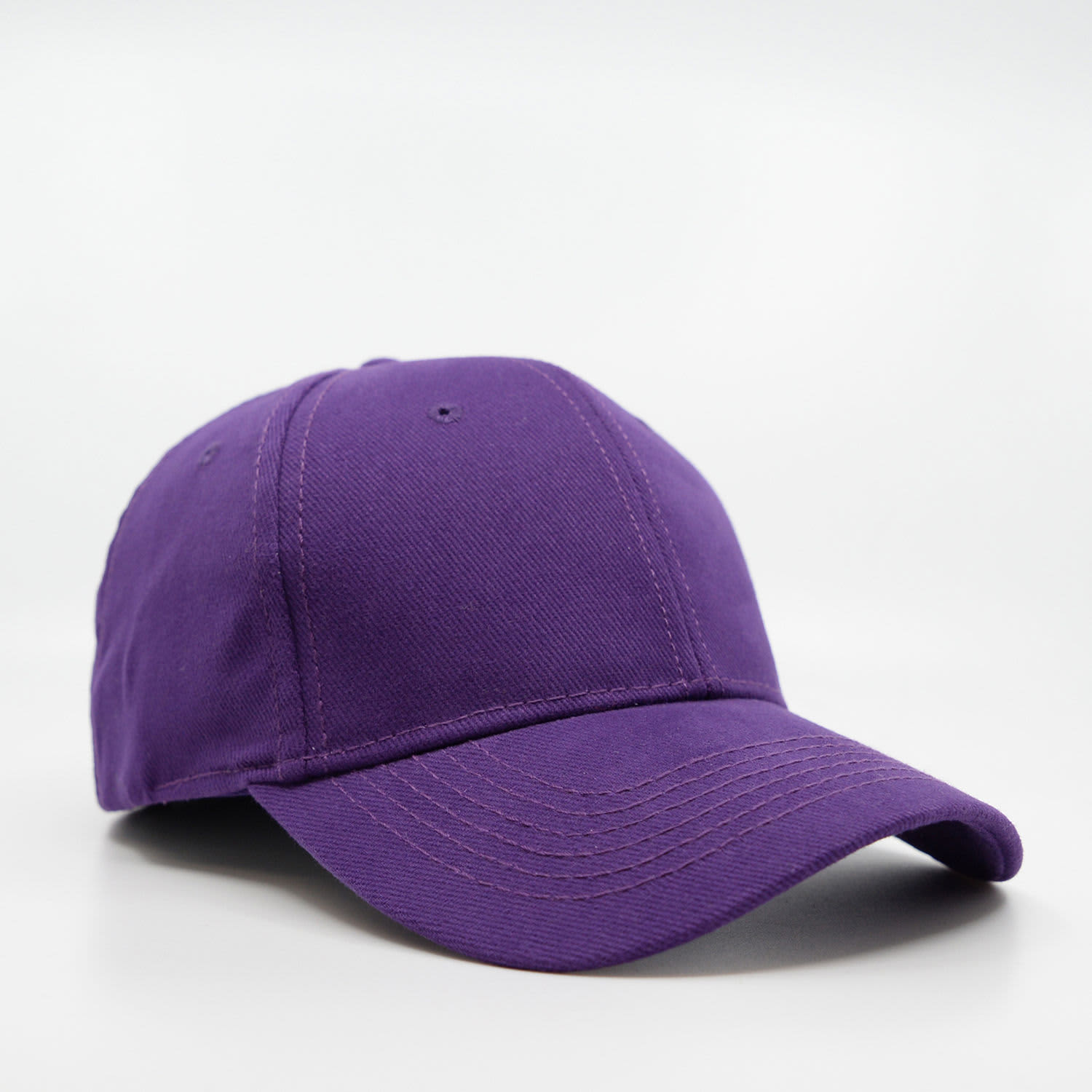 A purple six-panel brushed cotton cap with a curved brim and a logo on the front.