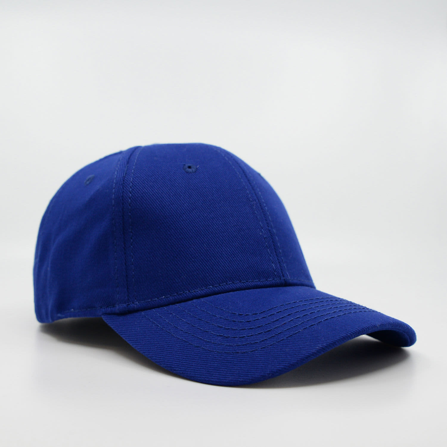A blue six-panel brushed cotton cap featuring a curved brim and a logo.