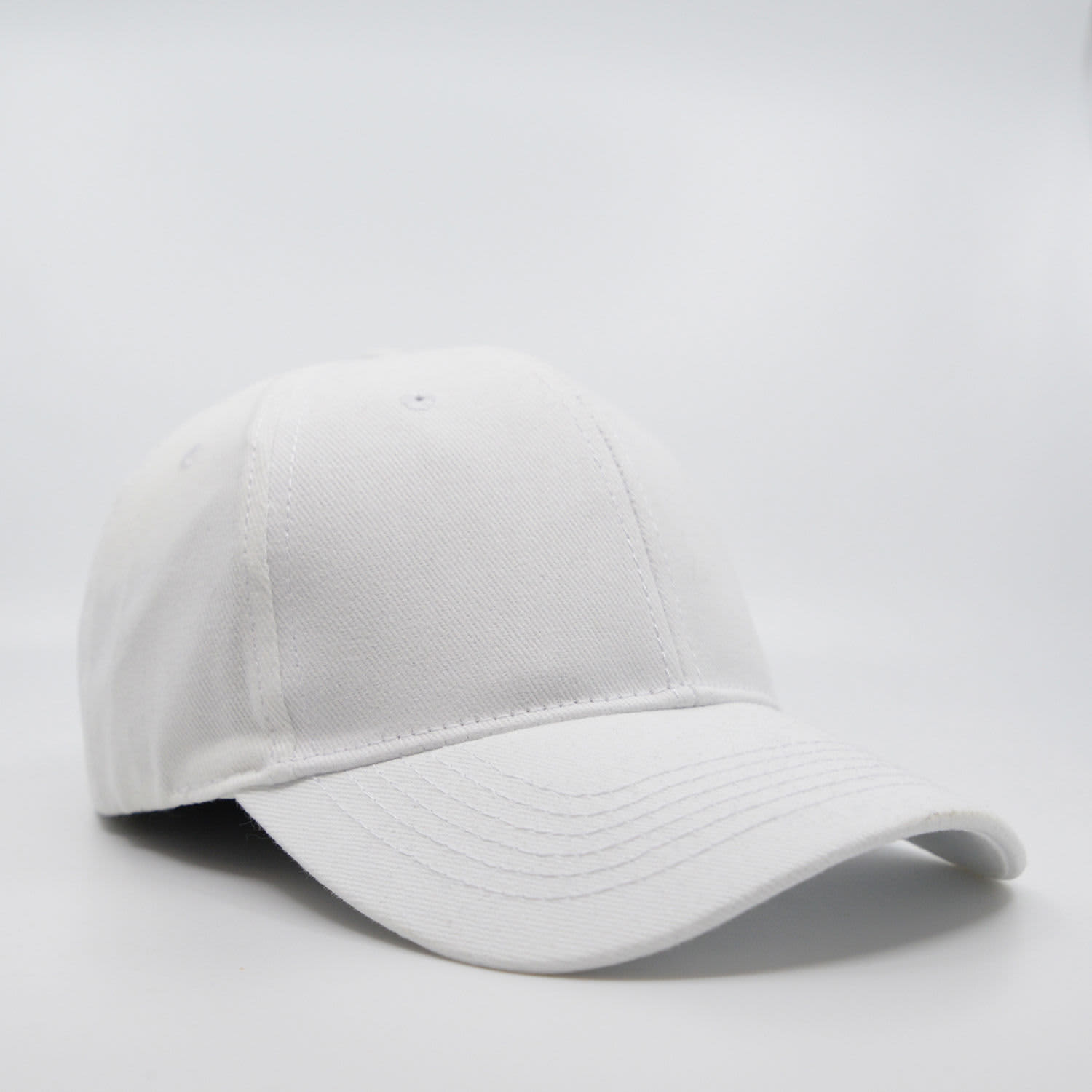A white six-panel brushed cotton cap features a curved brim and has a logos on the front.