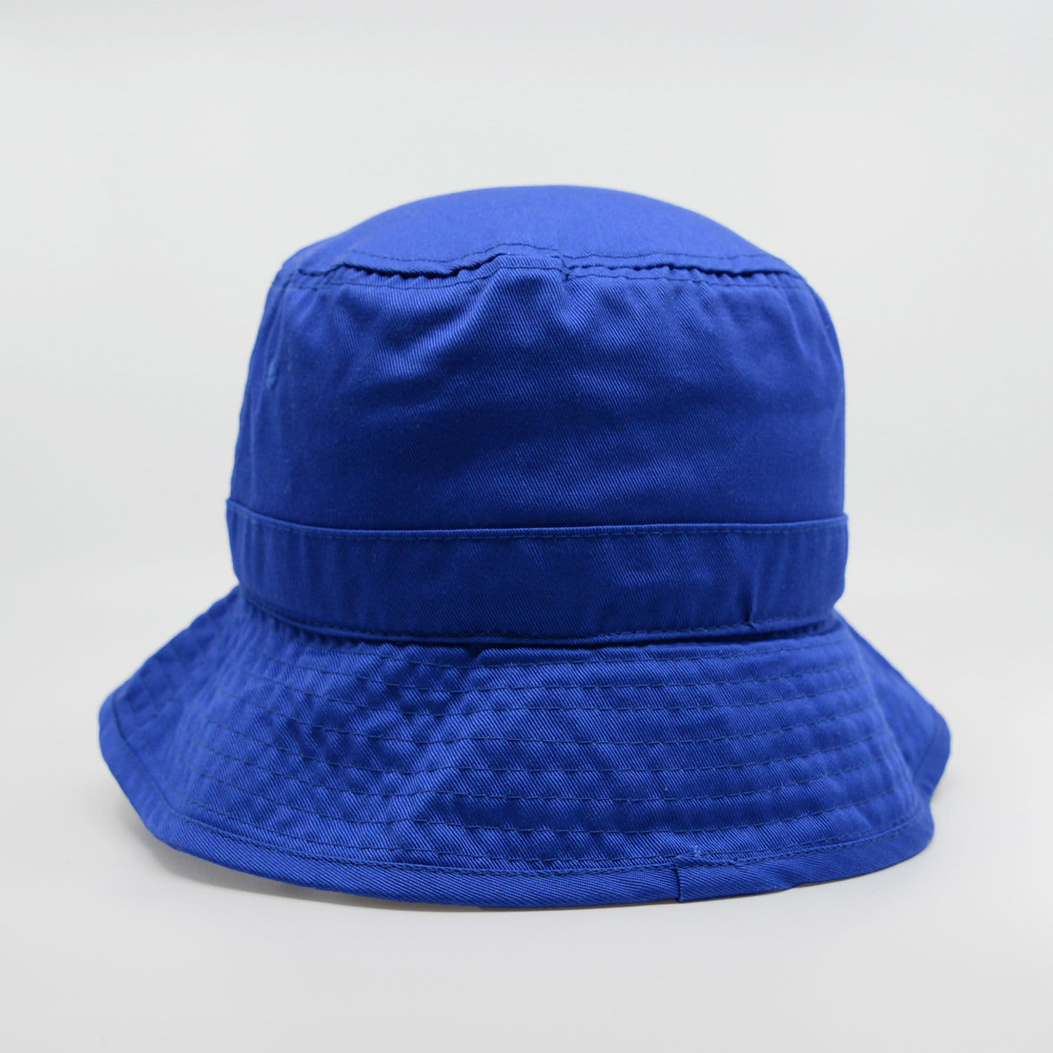 A blue bucket hat with a wide brim, featuring a textured band and a logo on the side.