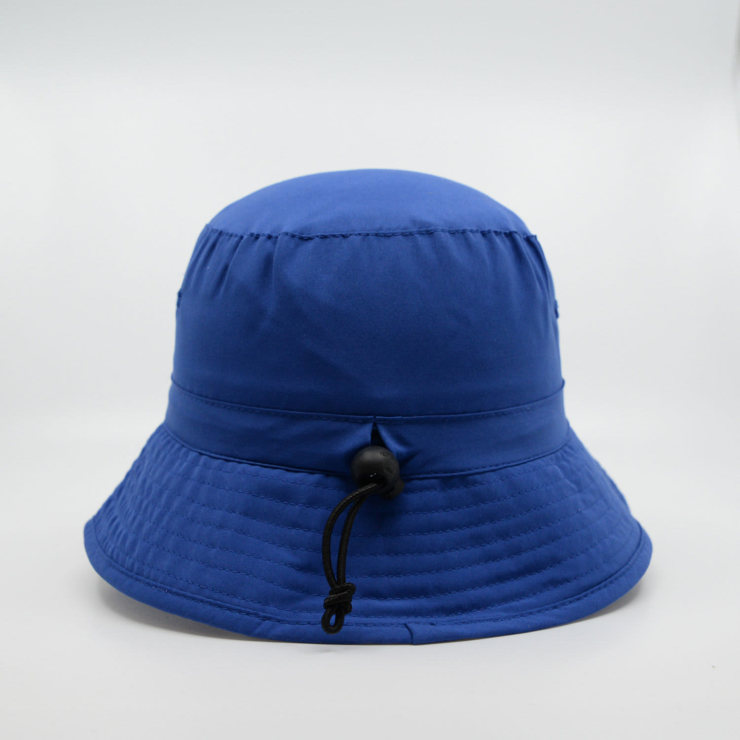A blue microfibre bucket hat with a drawstring, featuring a round crown and a wide brim, and a branding logo.