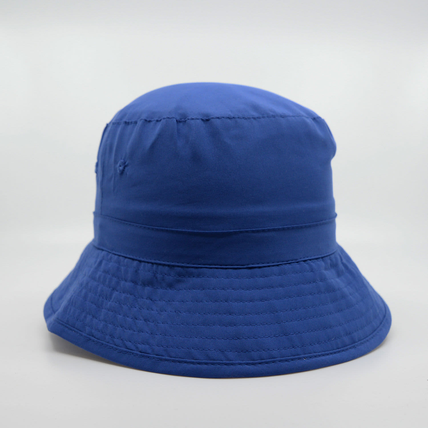A blue microfibre bucket hat featuring a branded logo, designed for style and comfort.