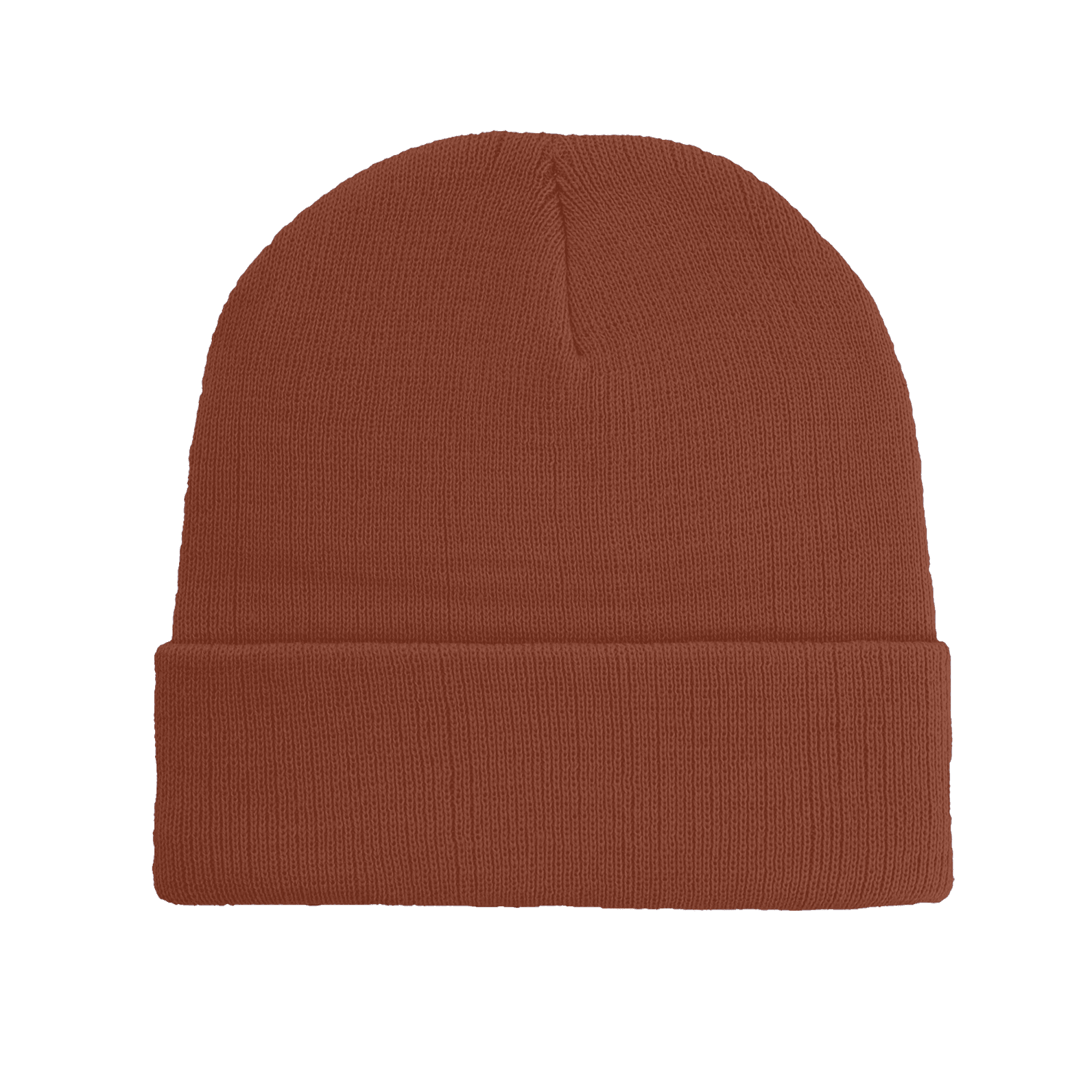 A rust-coloured knitted beanie made from recycled polyester with a cuffed design and a logo.