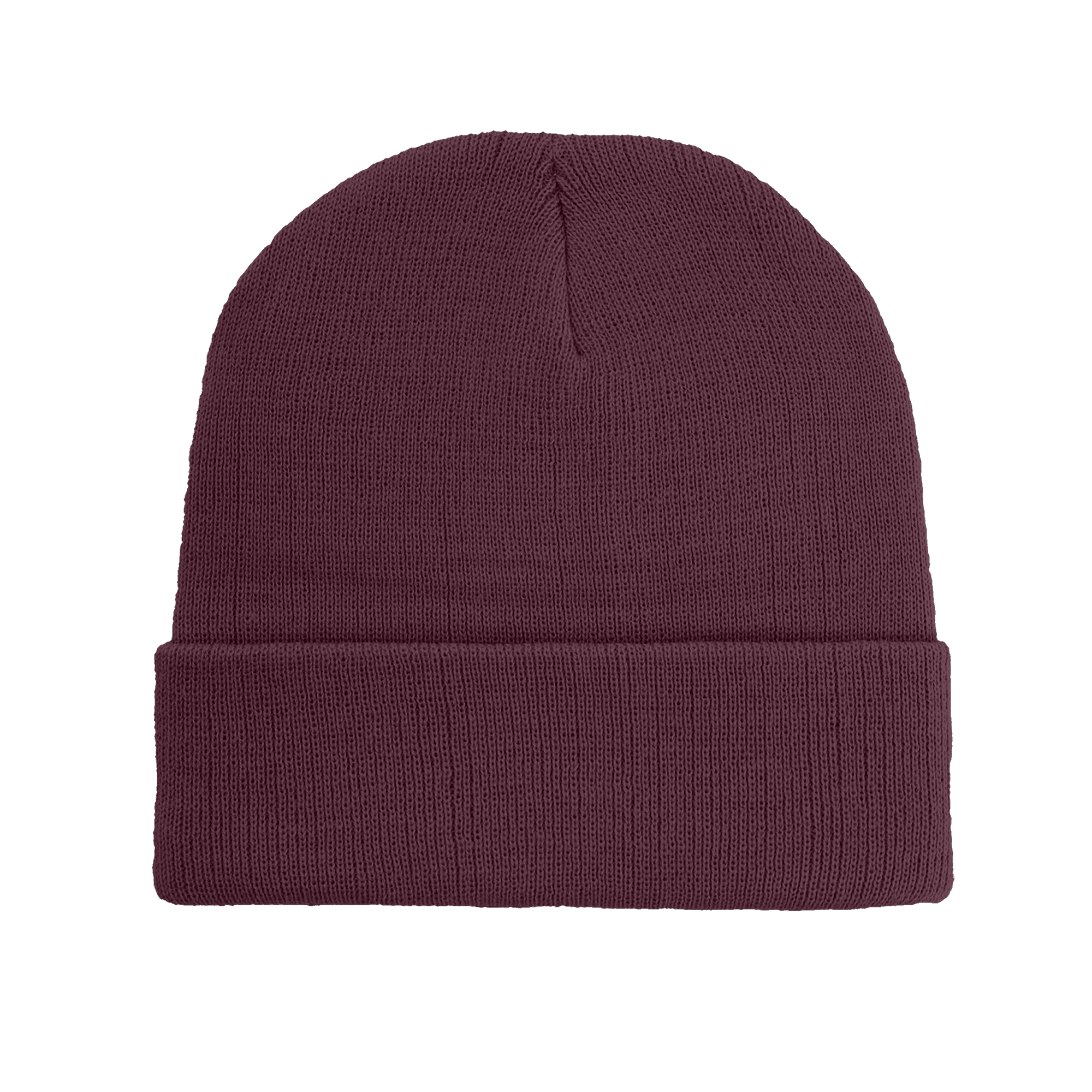 A maroon cuffed beanie made from recycled polyester, featuring a plain design with no visible branding.