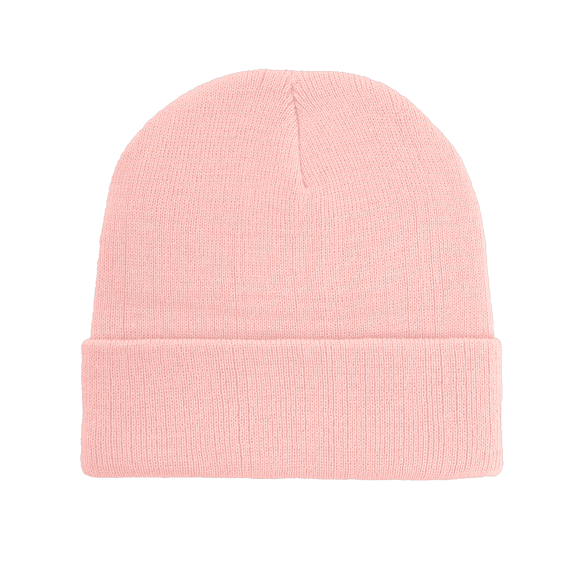 A pink knitted beanie with a cuffed design and a logo.