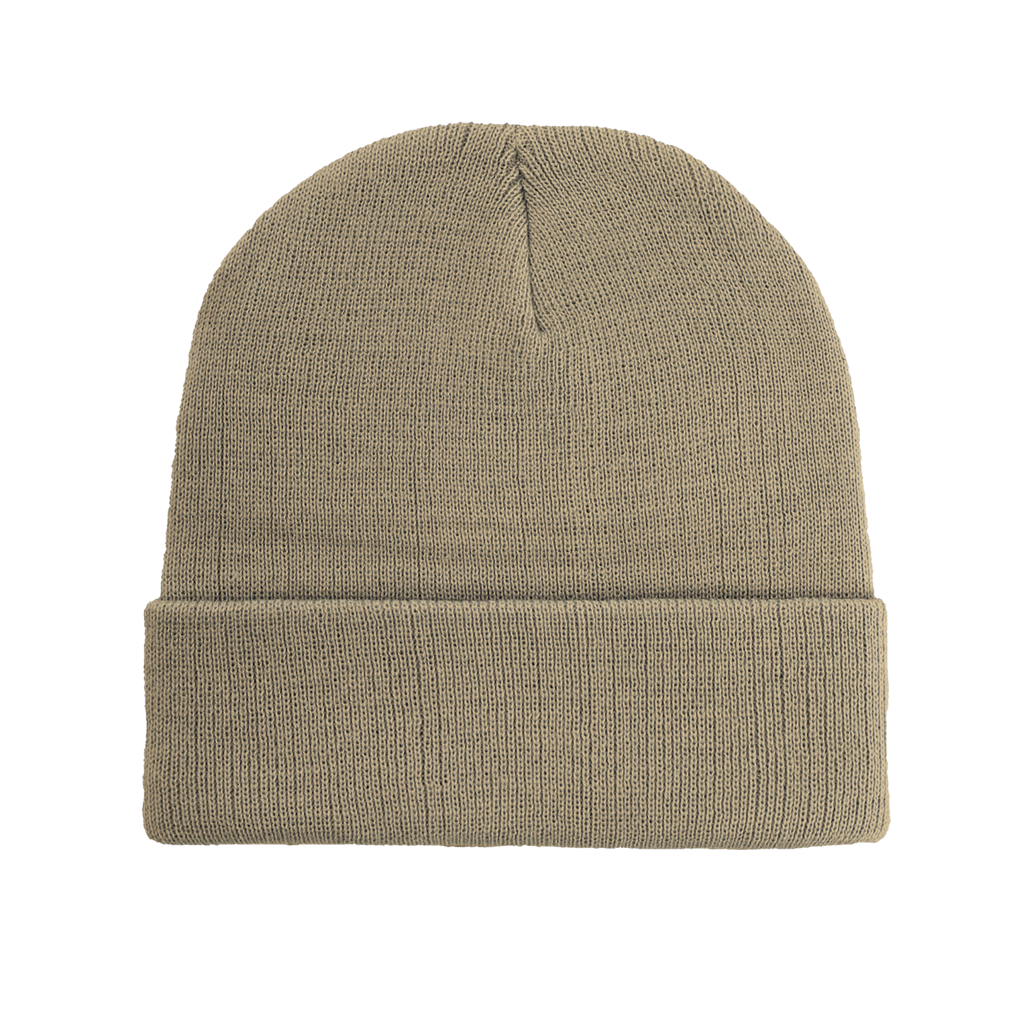 A beige cuffed beanie made from recycled polyester, featuring a knitted design and a branding logo.