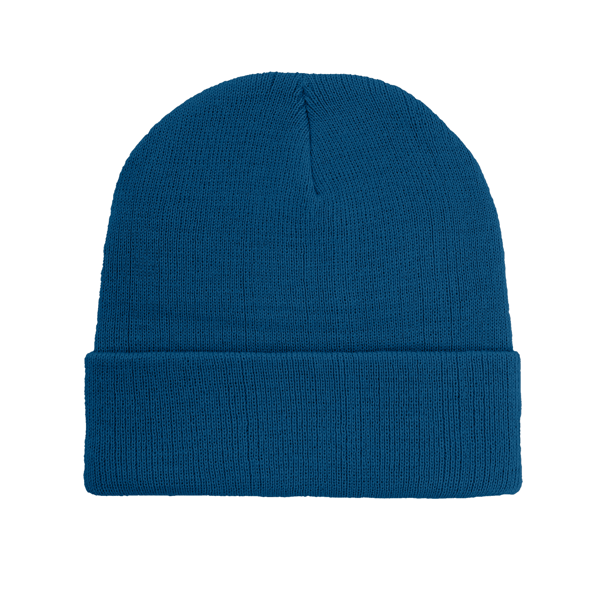 A blue cuffed beanie made from recycled polyester with a knitted texture and a visible logo.
