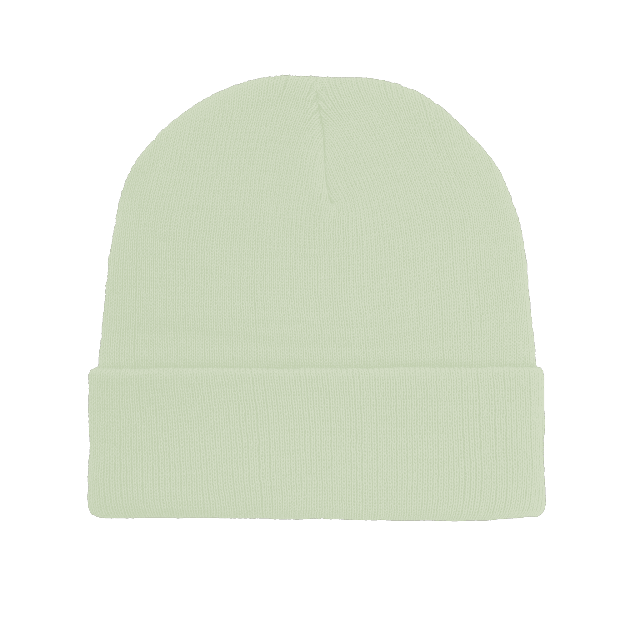 A pale green cuffed knitted beanie made from recycled polyester, featuring a logo.
