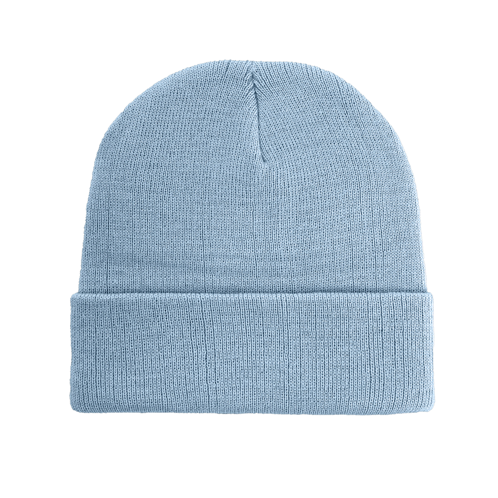A light blue cuffed knitted beanie made from recycled polyester with a logo on the front.