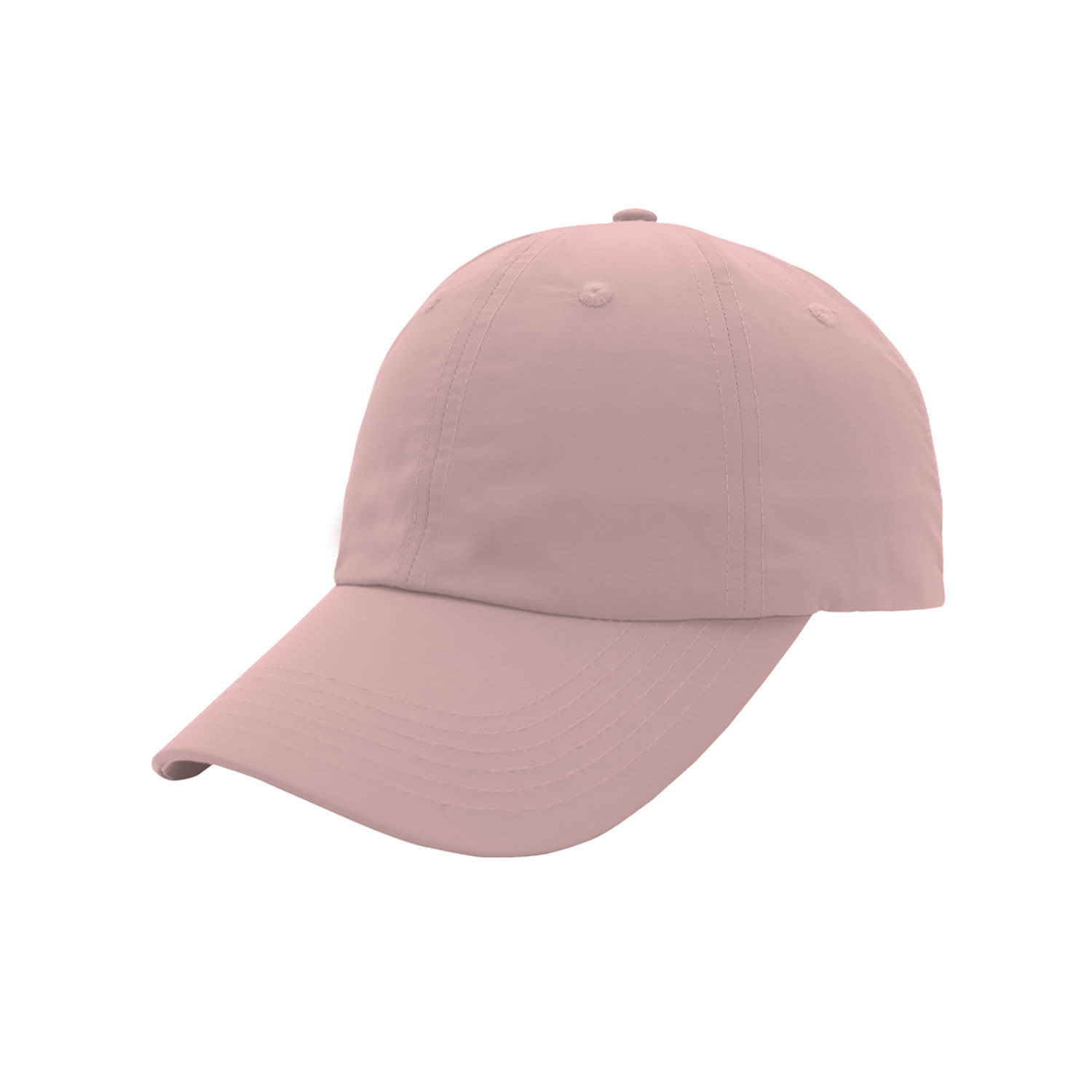 A pink crushed nylon six-panel cap with a curved brim and a logo on the side.