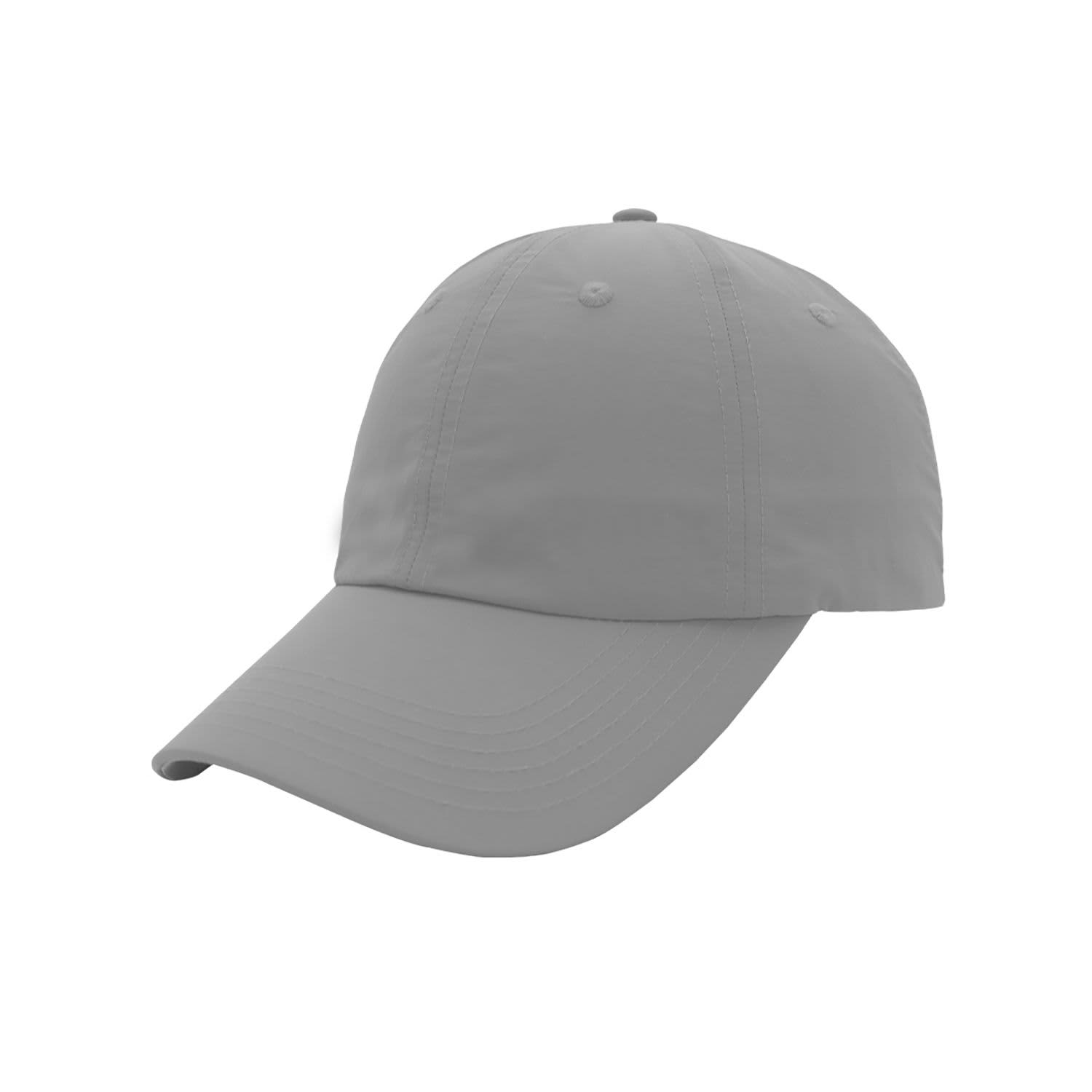 A grey crushed nylon 6 panel cap featuring a curved brim and a logo.