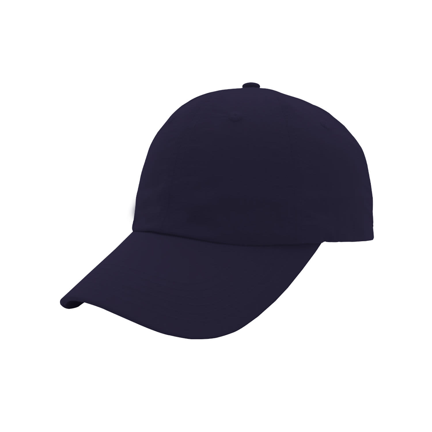 A navy blue crushed nylon 6 panel cap with a curved visor and a logo.