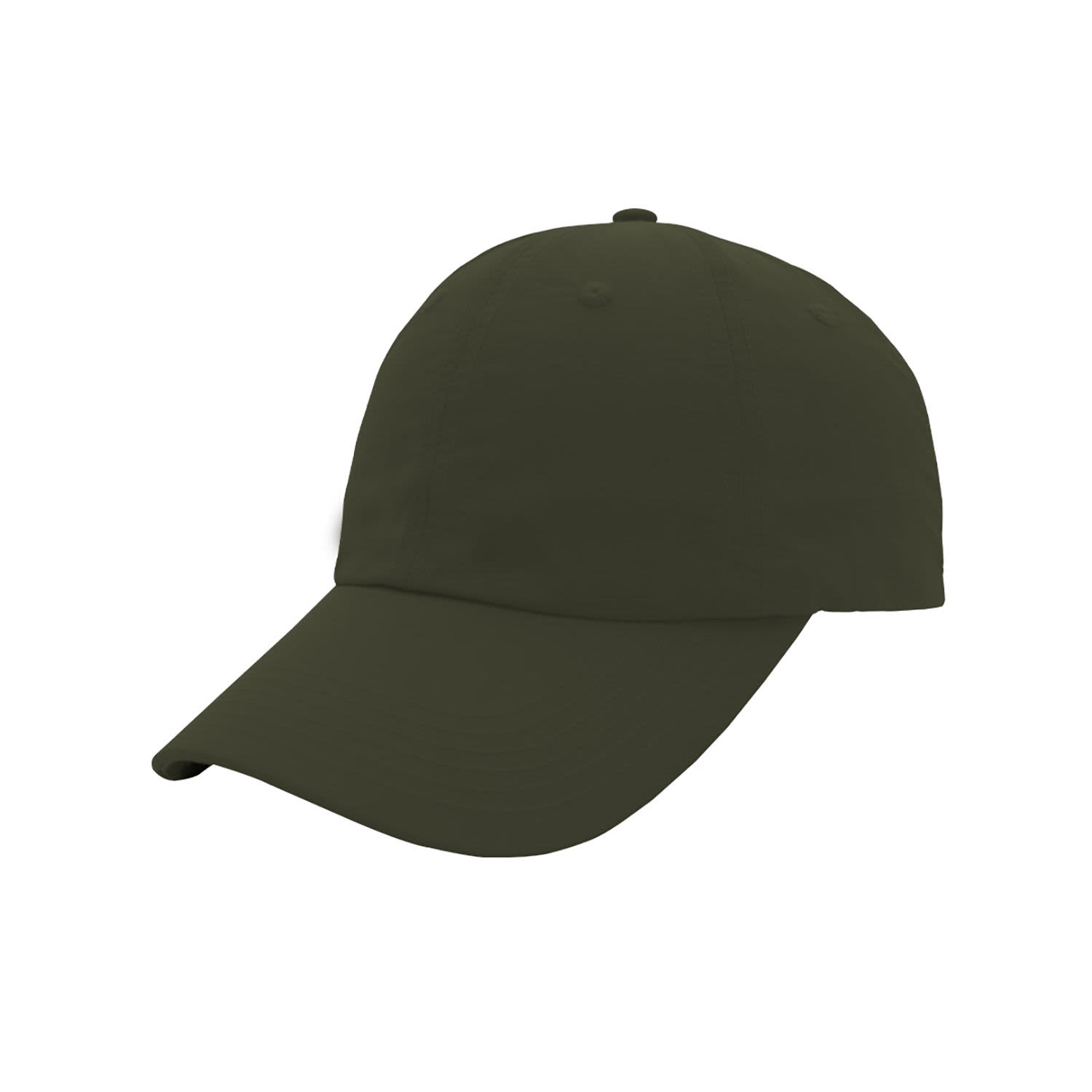 A green crushed nylon six-panel cap with a curved visor and a logo on the front.