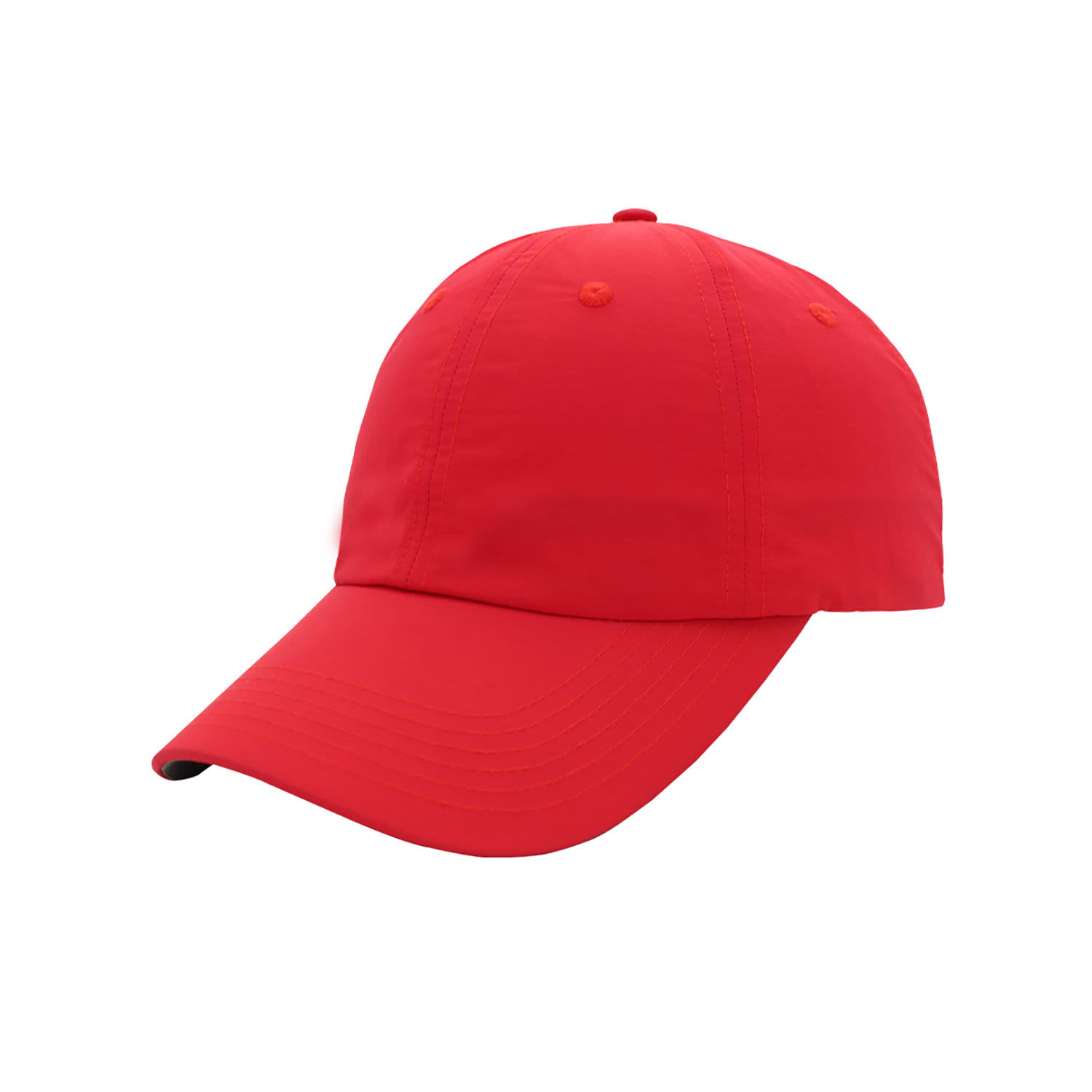 A red Crushed Nylon 6 Panel Cap with an adjustable strap and a logo.
