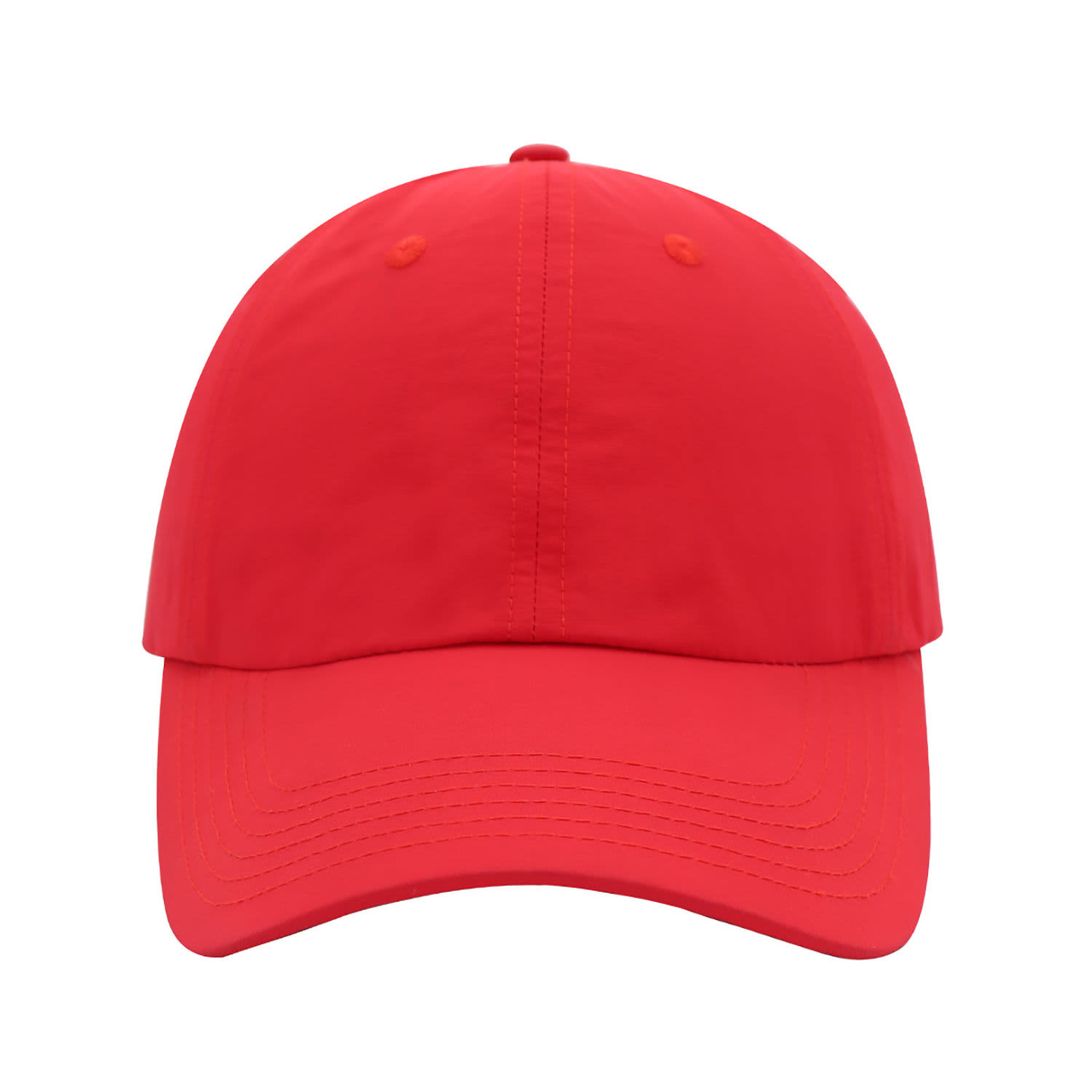 A red crushed nylon 6 panel cap featuring a structured brim and an adjustable strap at the back. It has a logo.