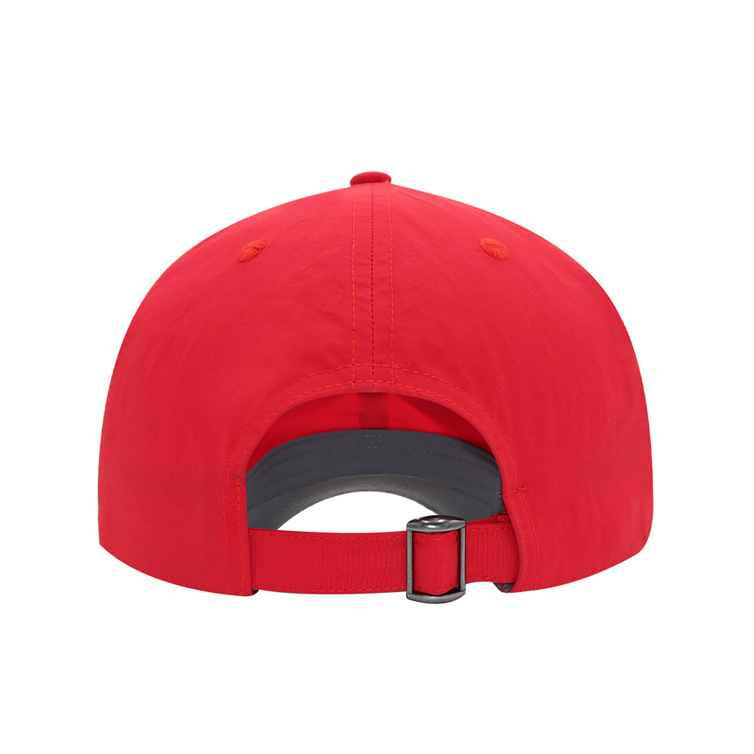 A red crushed nylon cap featuring a rear adjustable strap and inner lining, with a logo on the back.