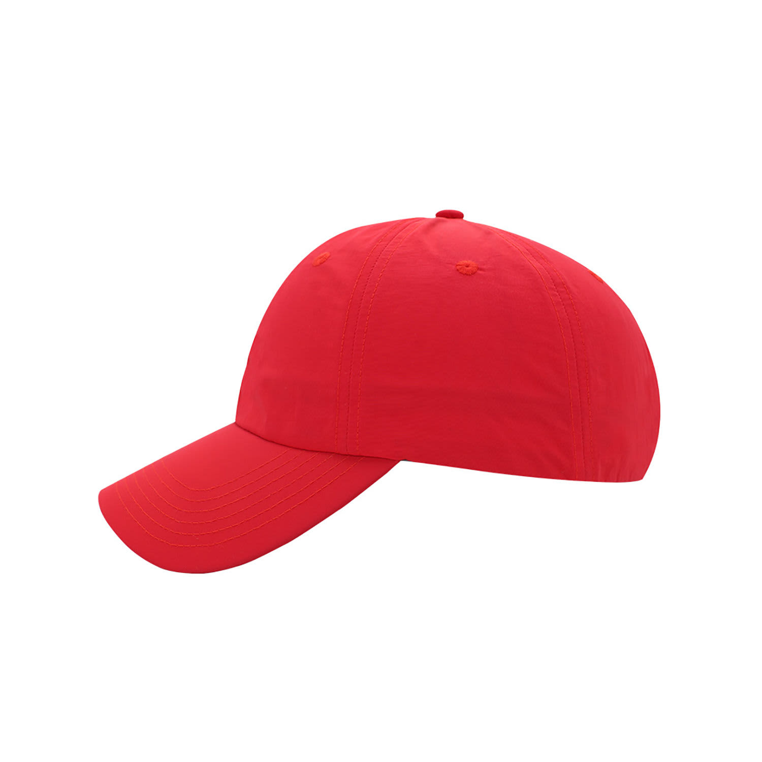 A red crushed nylon six-panel cap with a curved brim and a logo.