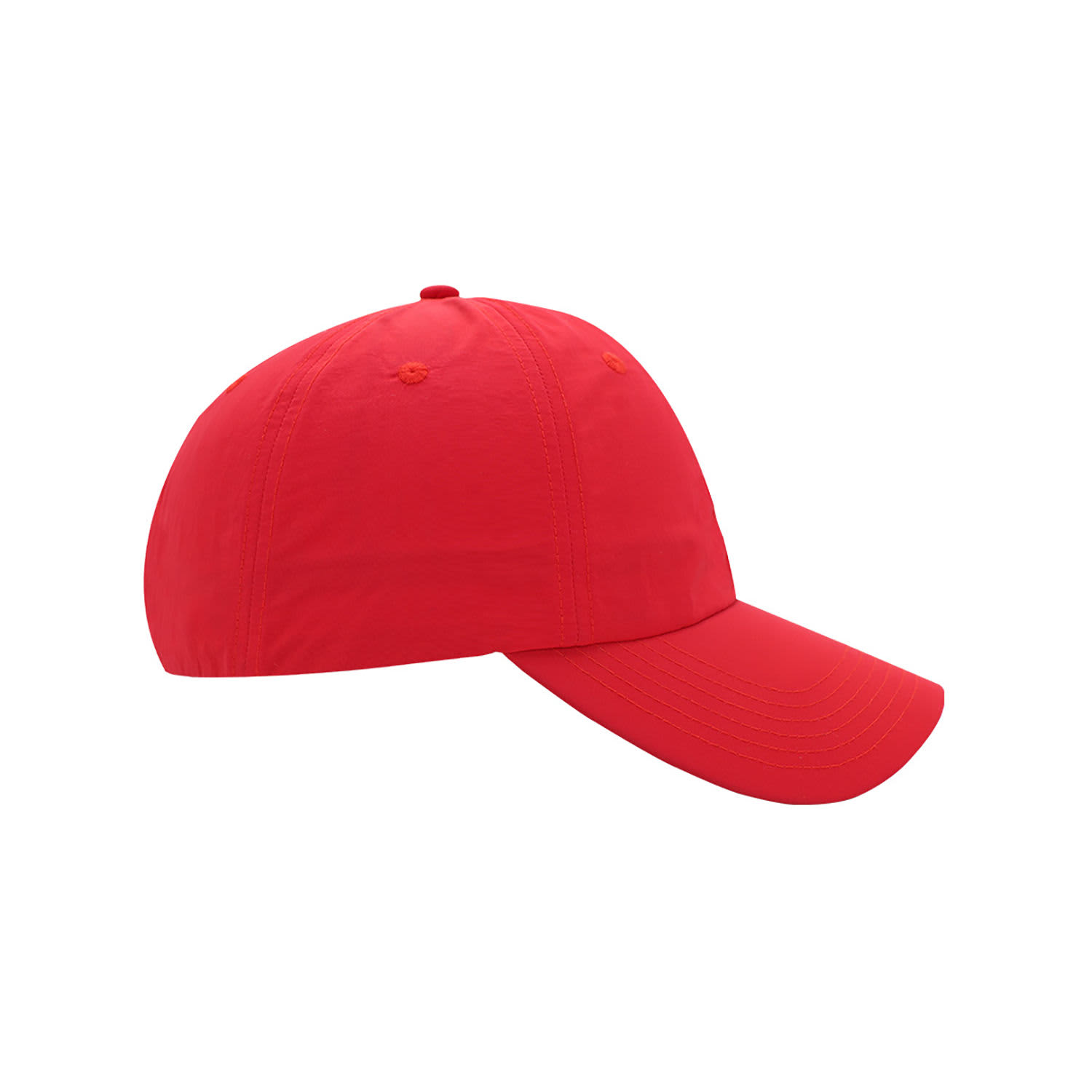 A red crushed nylon 6 panel cap with a curved brim and a logo on the side.
