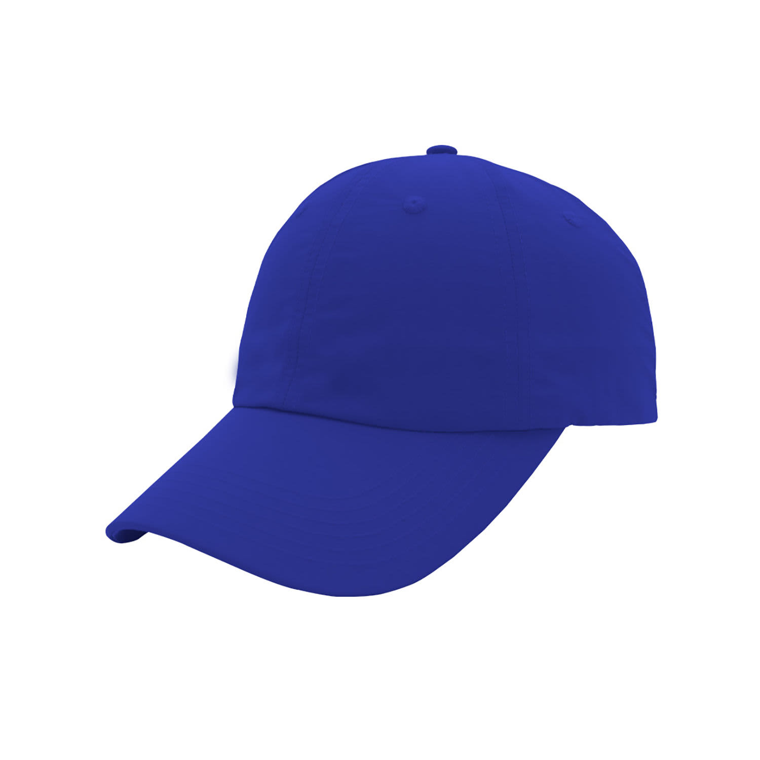 A blue crushed nylon six-panel cap with a curved brim and an adjustable strap at the back, featuring a logo.