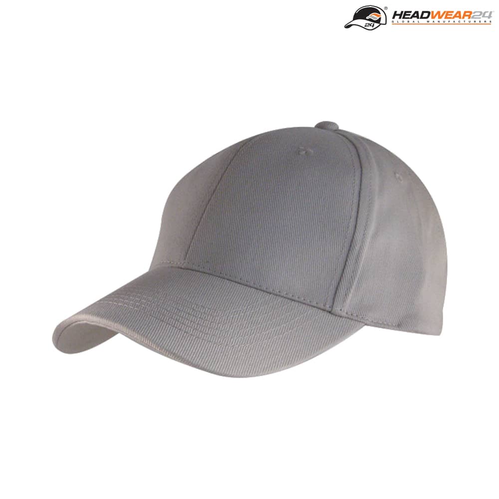 A grey six-panel brushed cotton cap featuring a logo on the side.