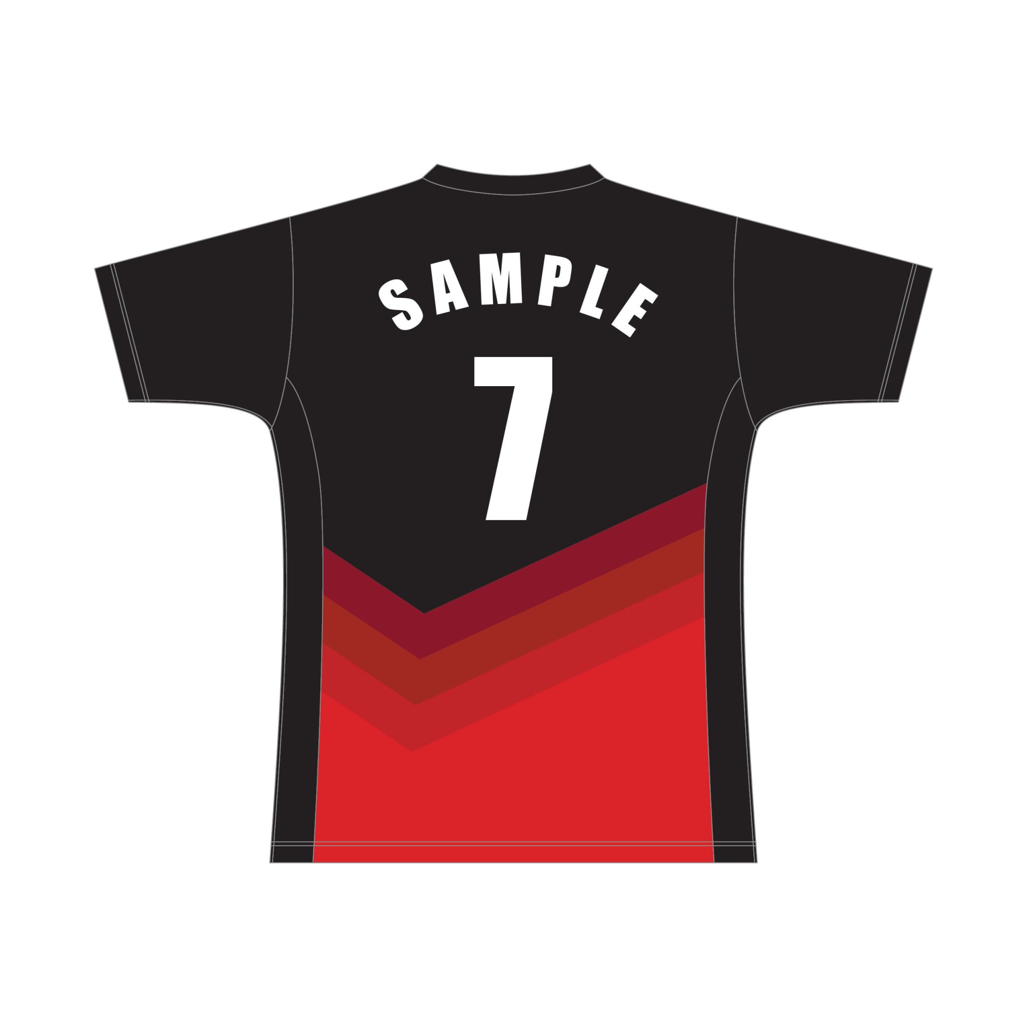A black and red hockey jersey featuring a gradient design and a logo, with the number 7 on the back.