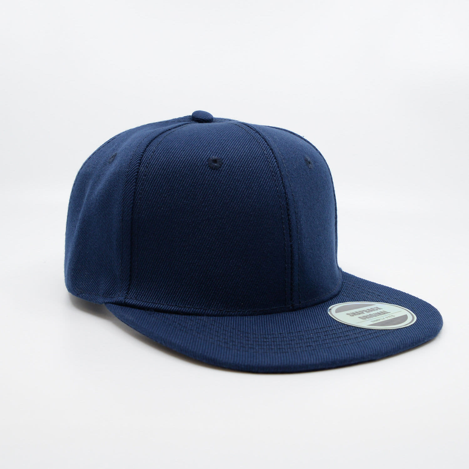 A navy blue snapback cap with a flat brim and a logo on the side.