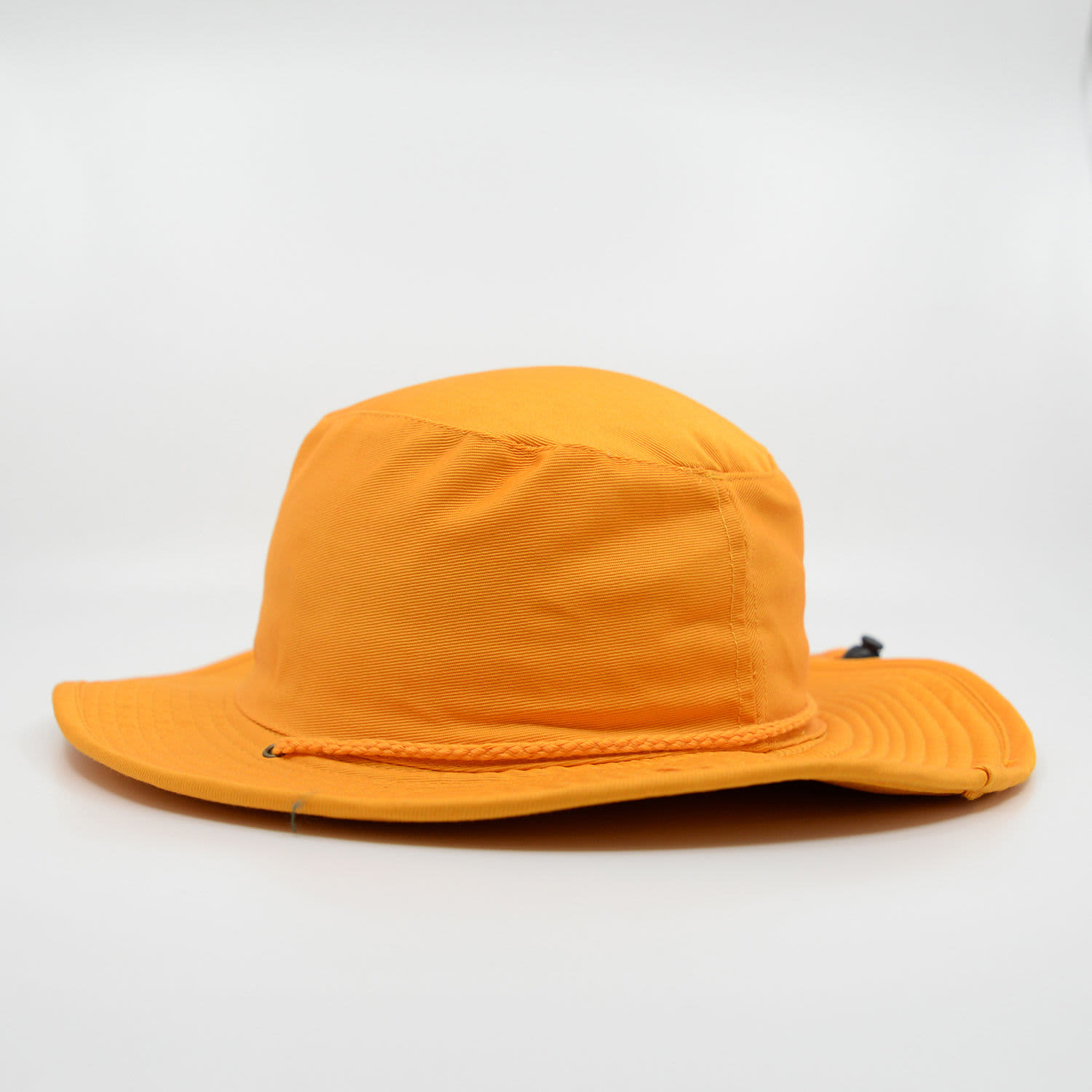 An orange wide-brim hat with a rope detailing and a branding logo.