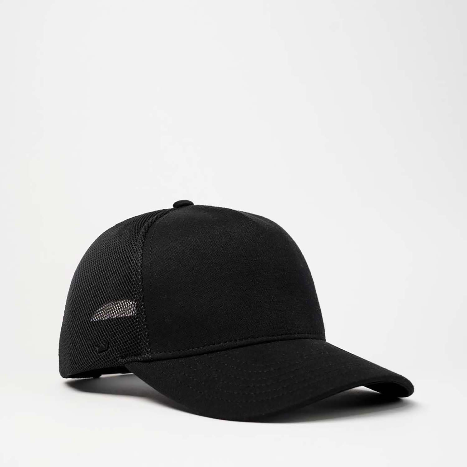 A black trucker cap featuring a solid front panel and mesh backing, designed for adult comfort.