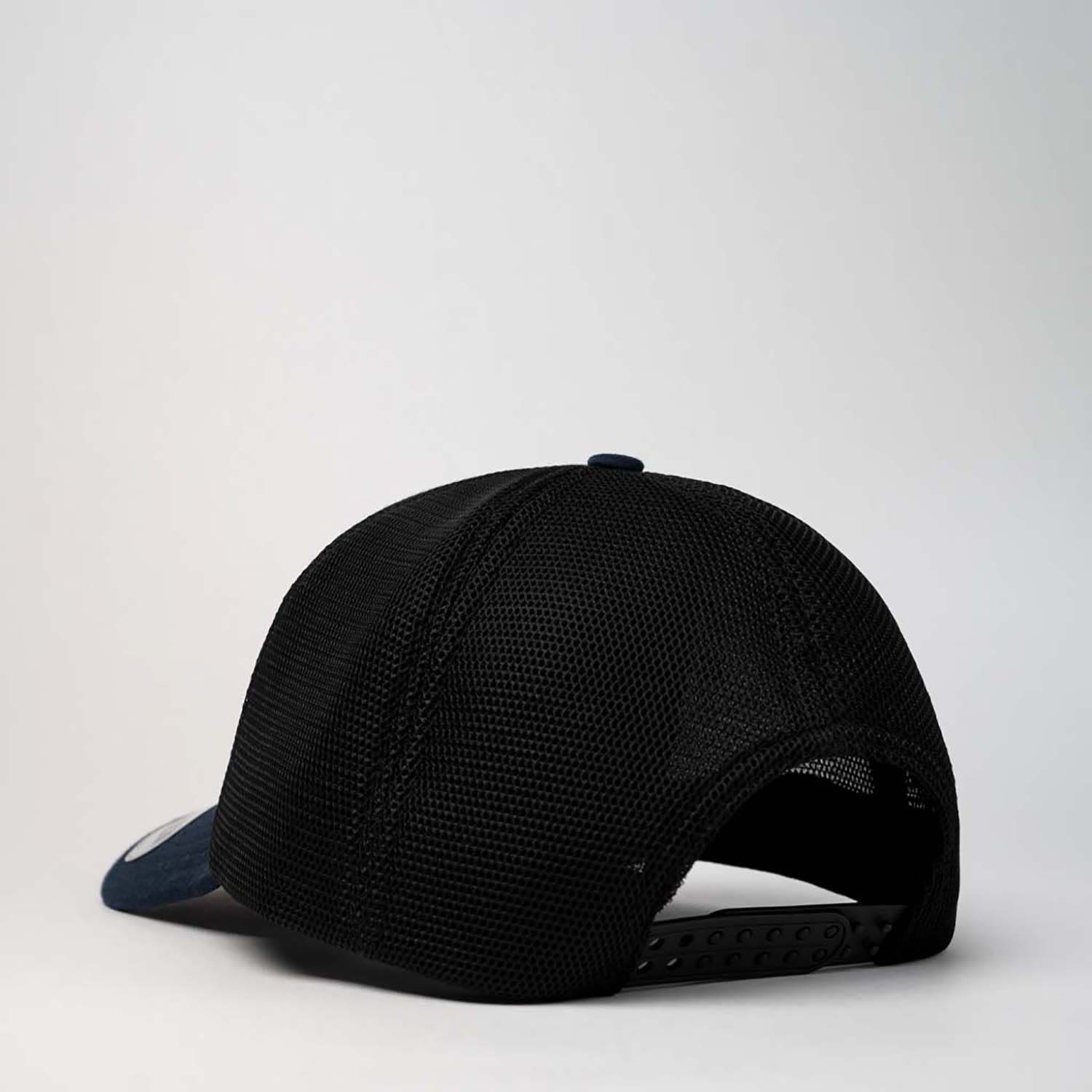 A navy and black trucker cap featuring a mesh design at the back and a logo on the front.
