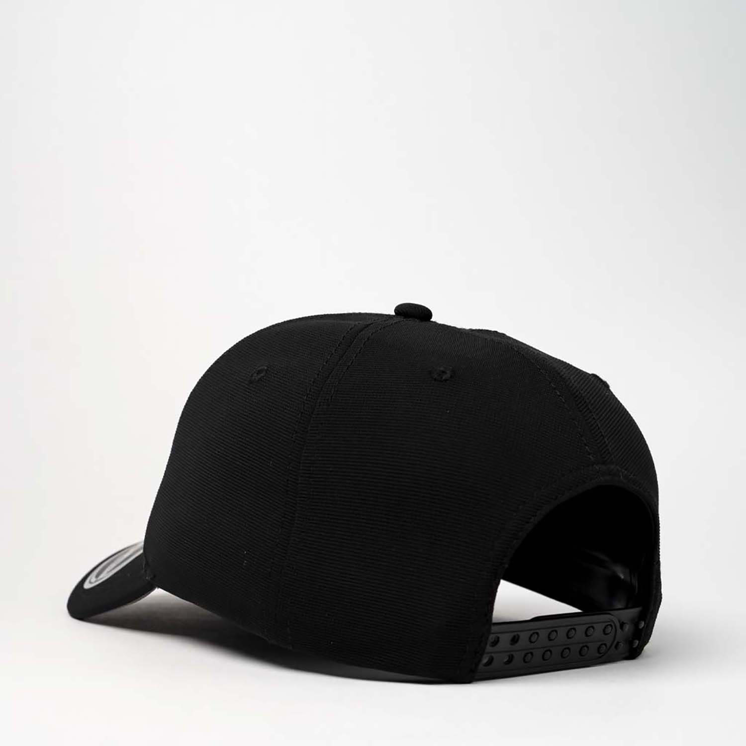 A black recycled cap with an adjustable strap and a logo on the side. The cap has a curved brim and a structured fit.