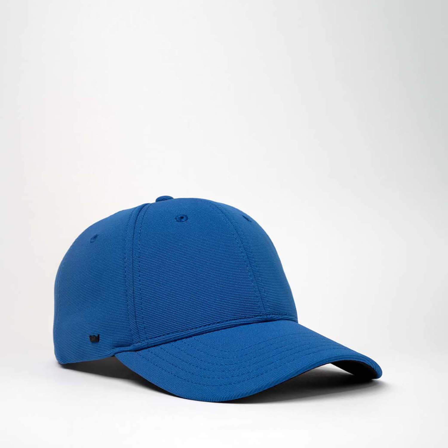 A blue recycled ottoman cap with a curved brim and a logo on the side. Perfect for headwear collection.