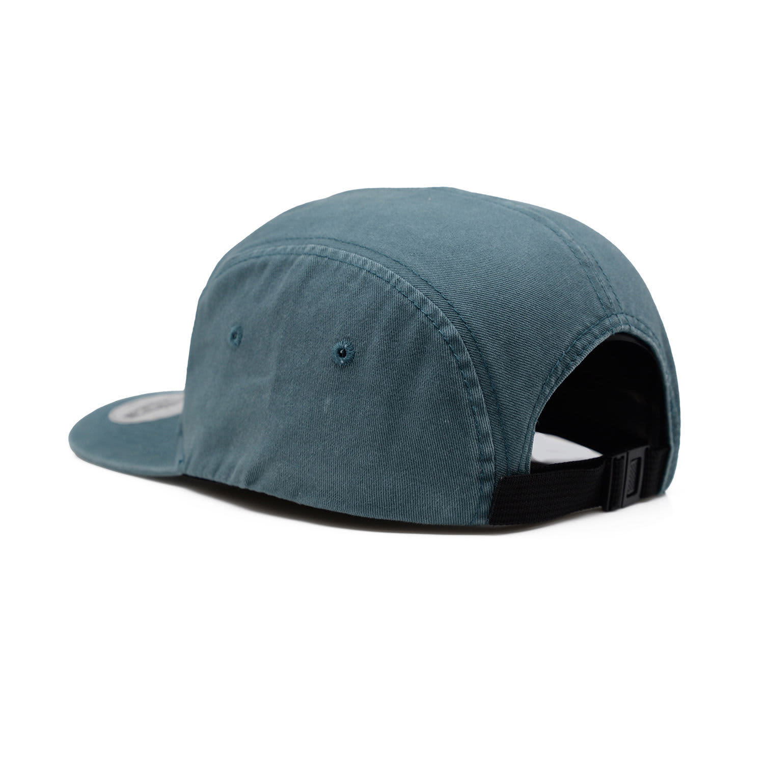 A washed cotton five-panel cap in teal, featuring a rear adjustable strap and logo.