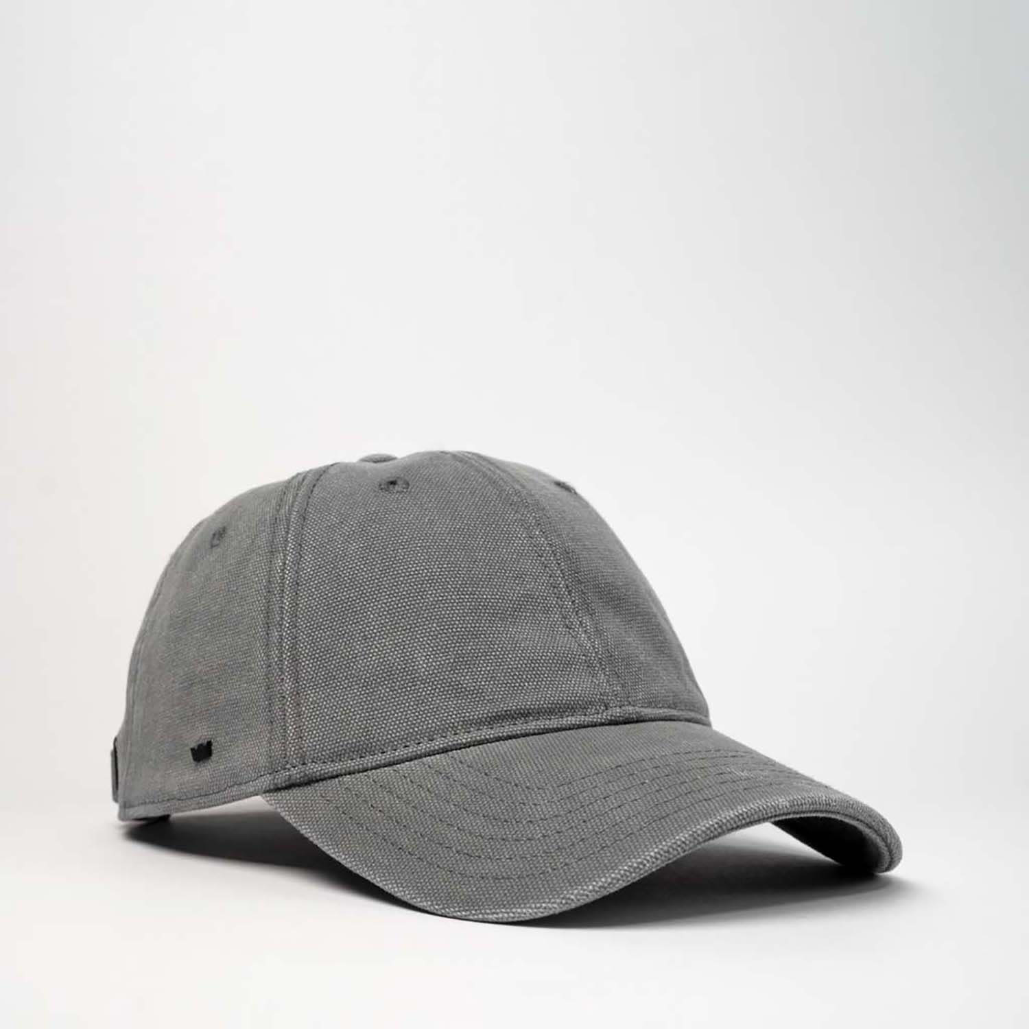 A grey cotton canvas unstructured six-panel cap with a logo on the side.