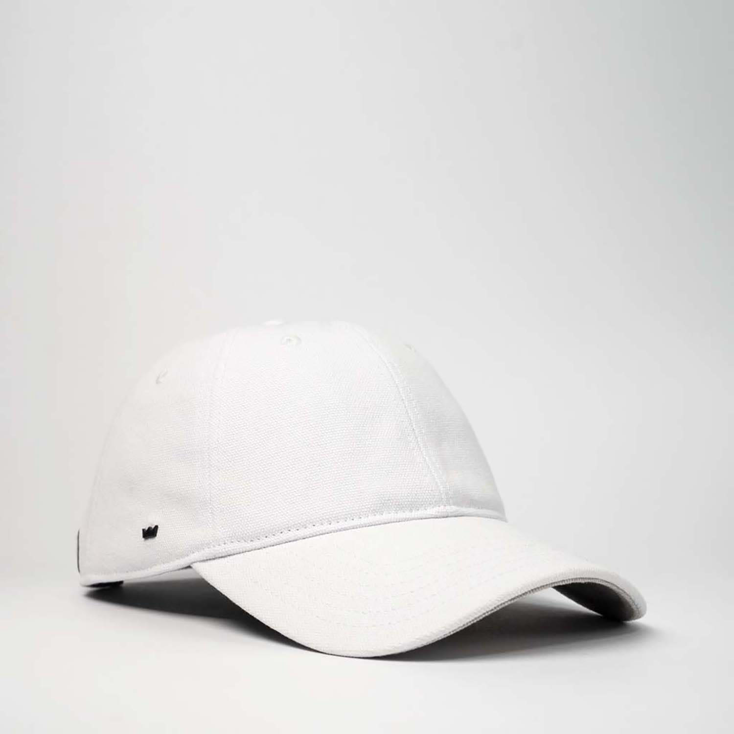A white cotton canvas unstructured six-panel cap with a branded logo on the side.
