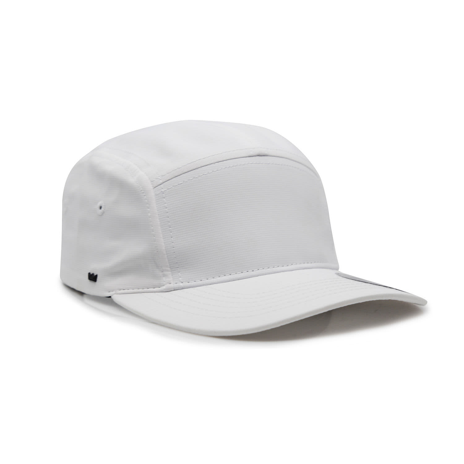 A white Ripstop 5 Panel Cap featuring a structured design and a curved brim. The cap has a logo on the side.