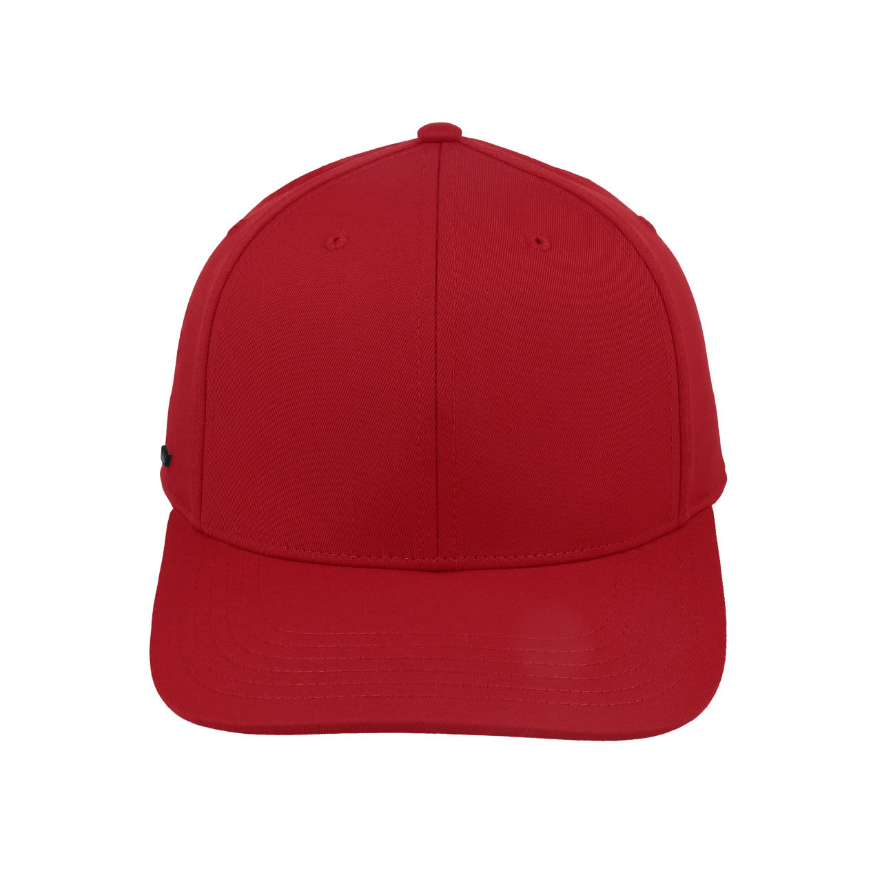 A red classic 6 panel cap featuring a structured design and a logo on the side.