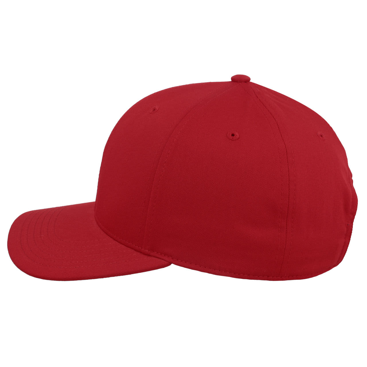 A red six-panel cap featuring a solid design and a logo on the front.